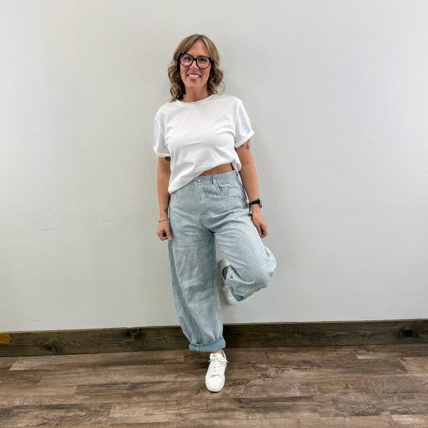 Pinstriped Barrel Jeans