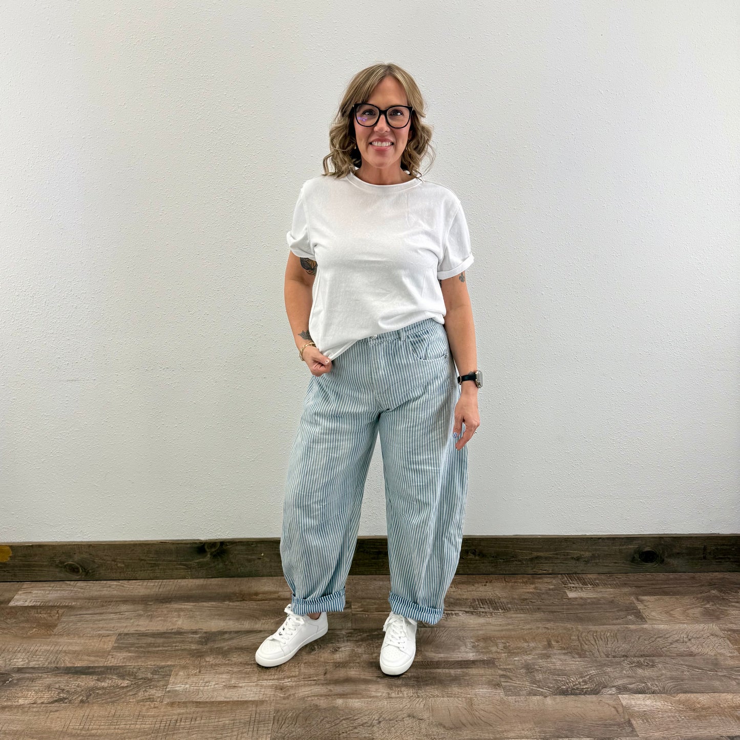 Pinstriped Barrel Jeans