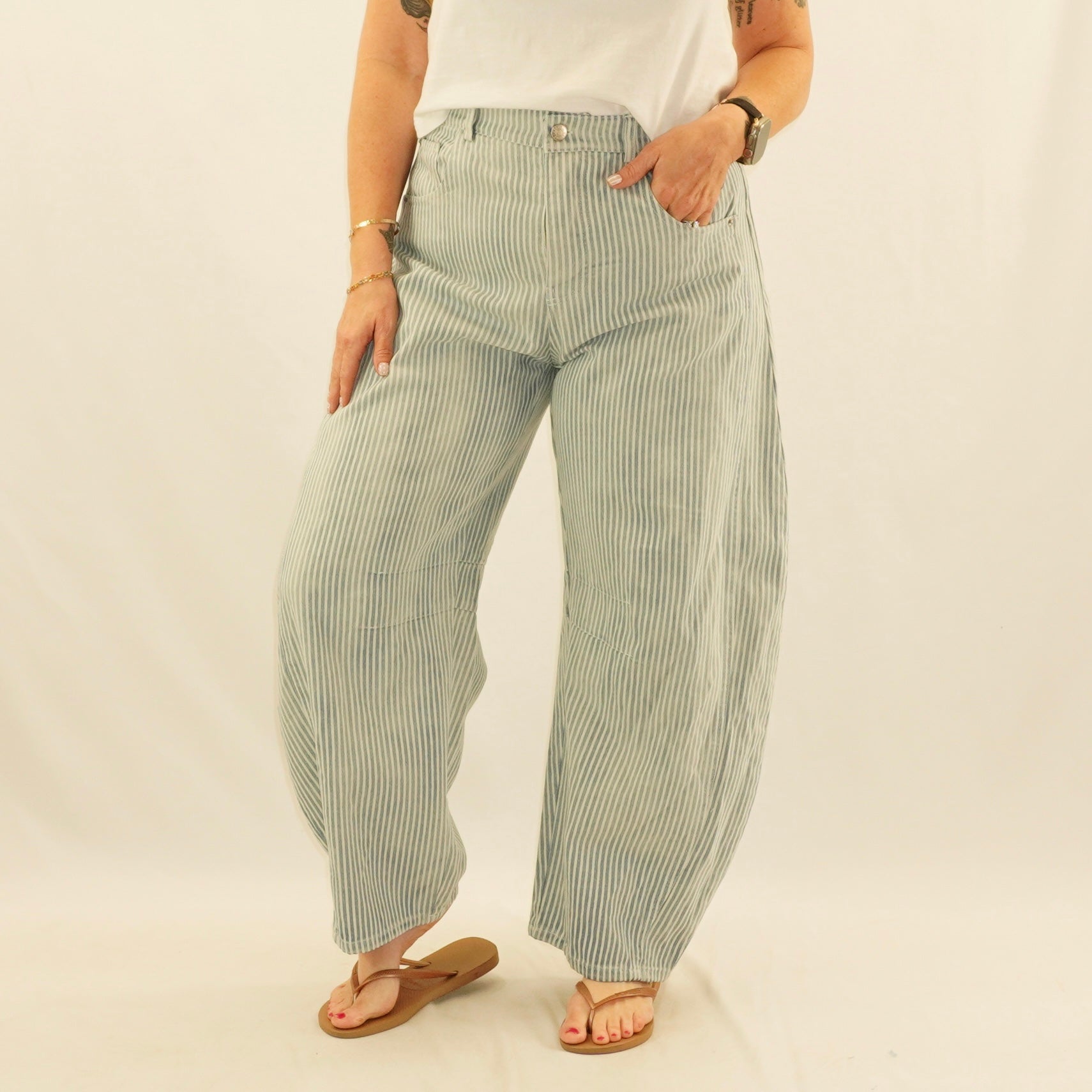 Pinstriped Barrel Jeans