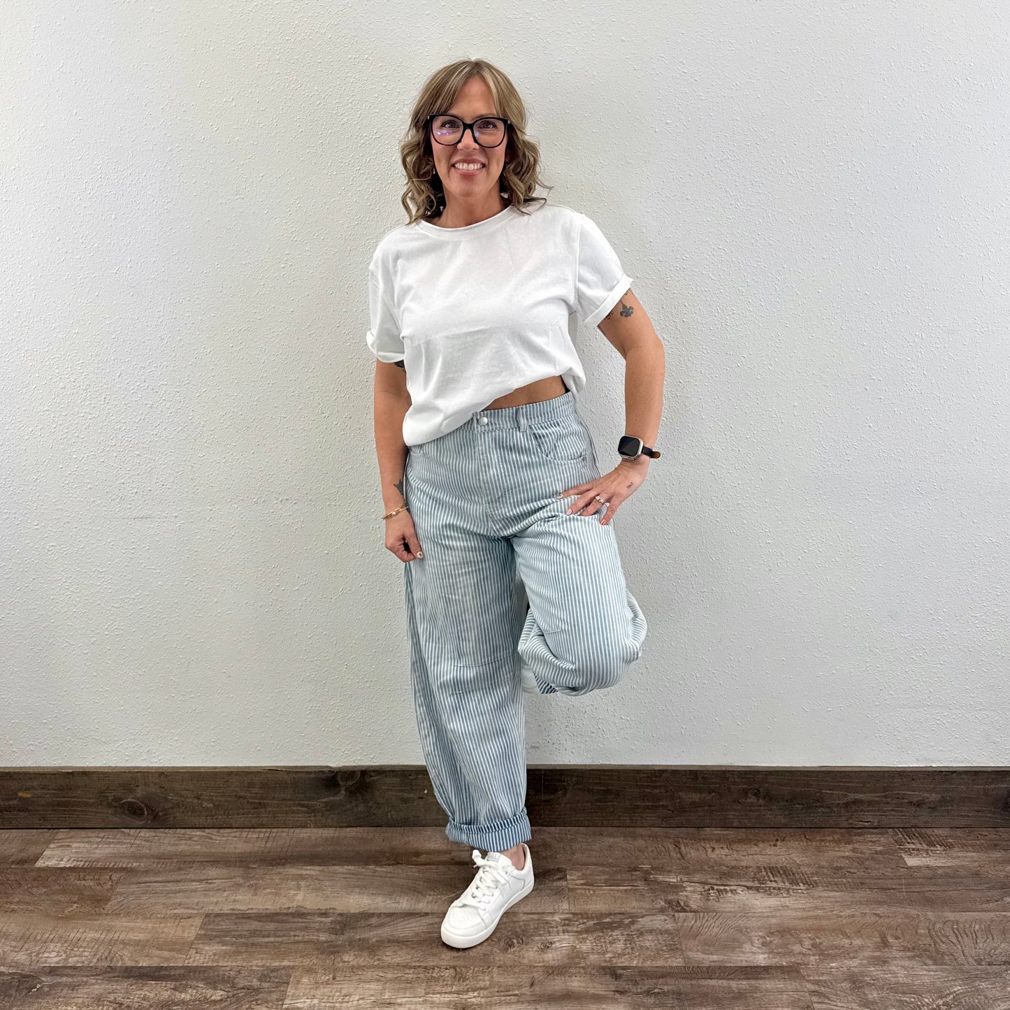 Pinstriped Barrel Jeans