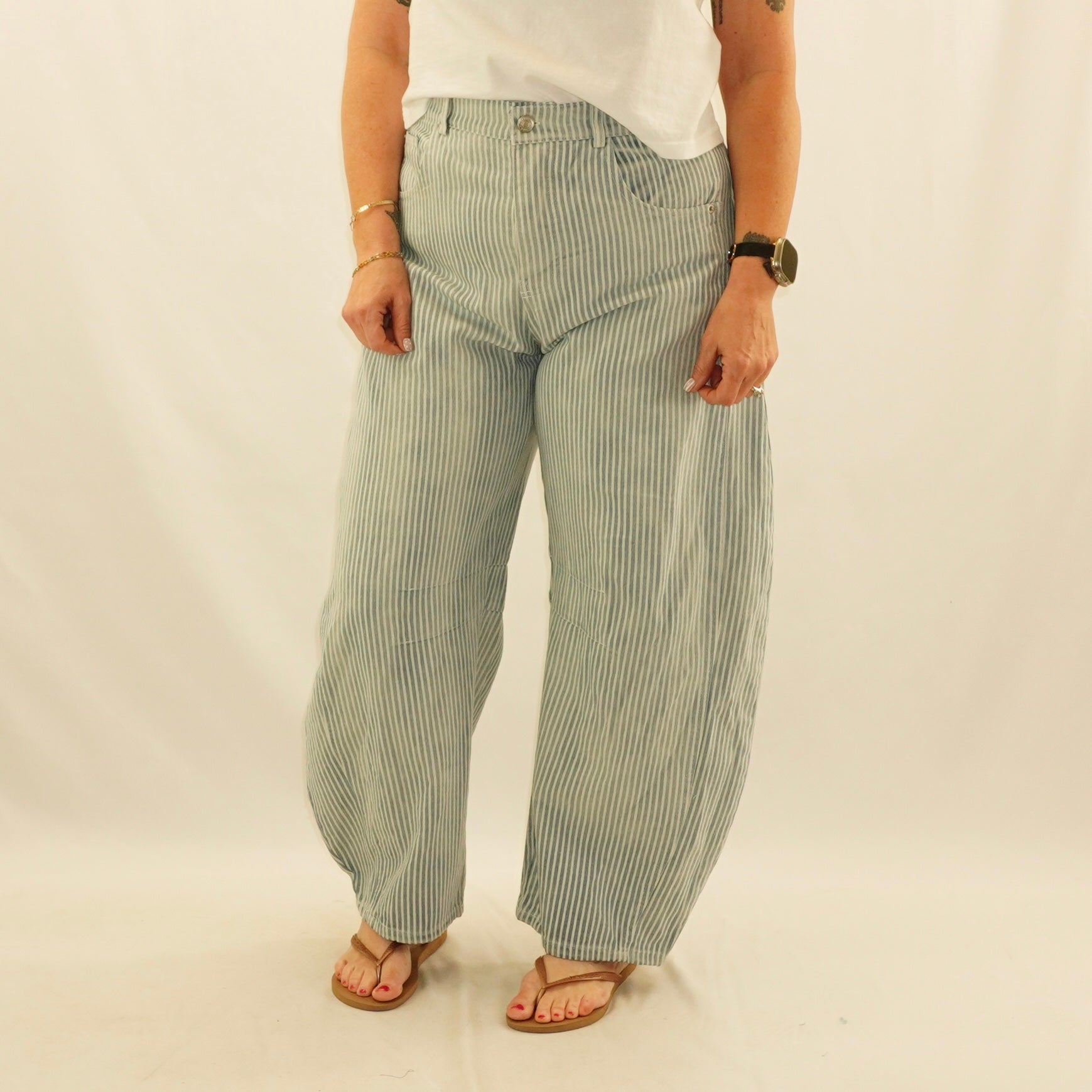 Pinstriped Barrel Jeans