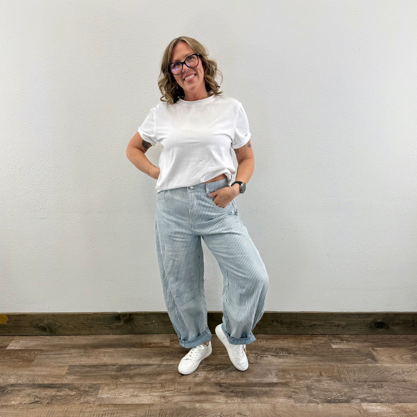 Pinstriped Barrel Jeans